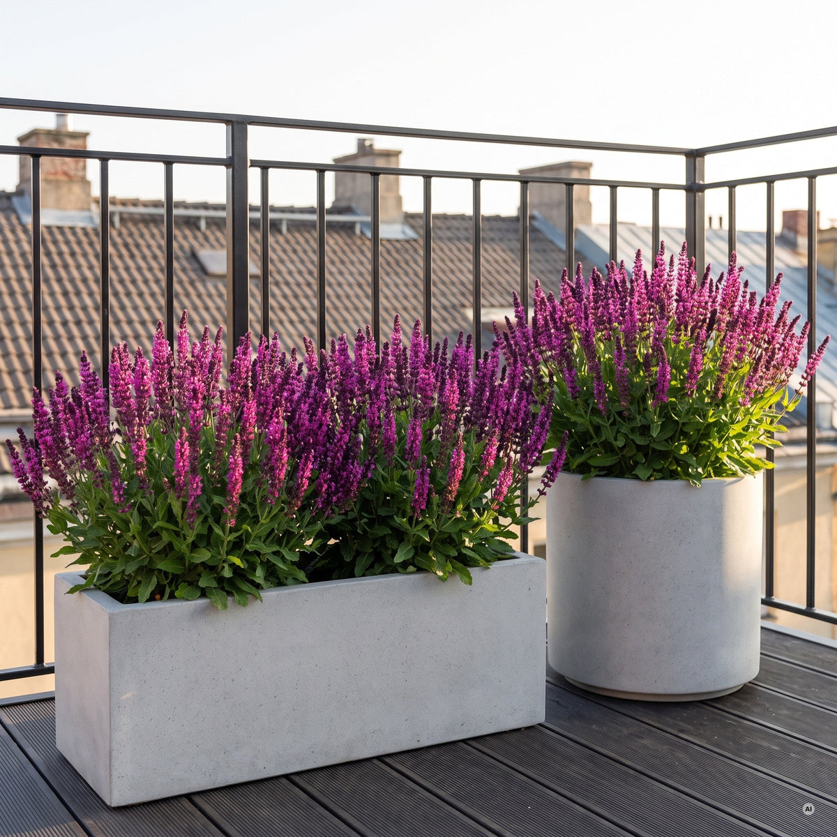 Steppensalbei 'Sensation Pink' in Kunststein-Kasten und Kübel auf einer Dachterrasse