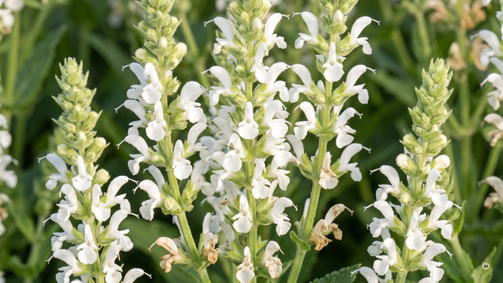 Reinweiße Lippenblüten mit hellgrünen Kelchen an den Kerzen von 'Sensation White'