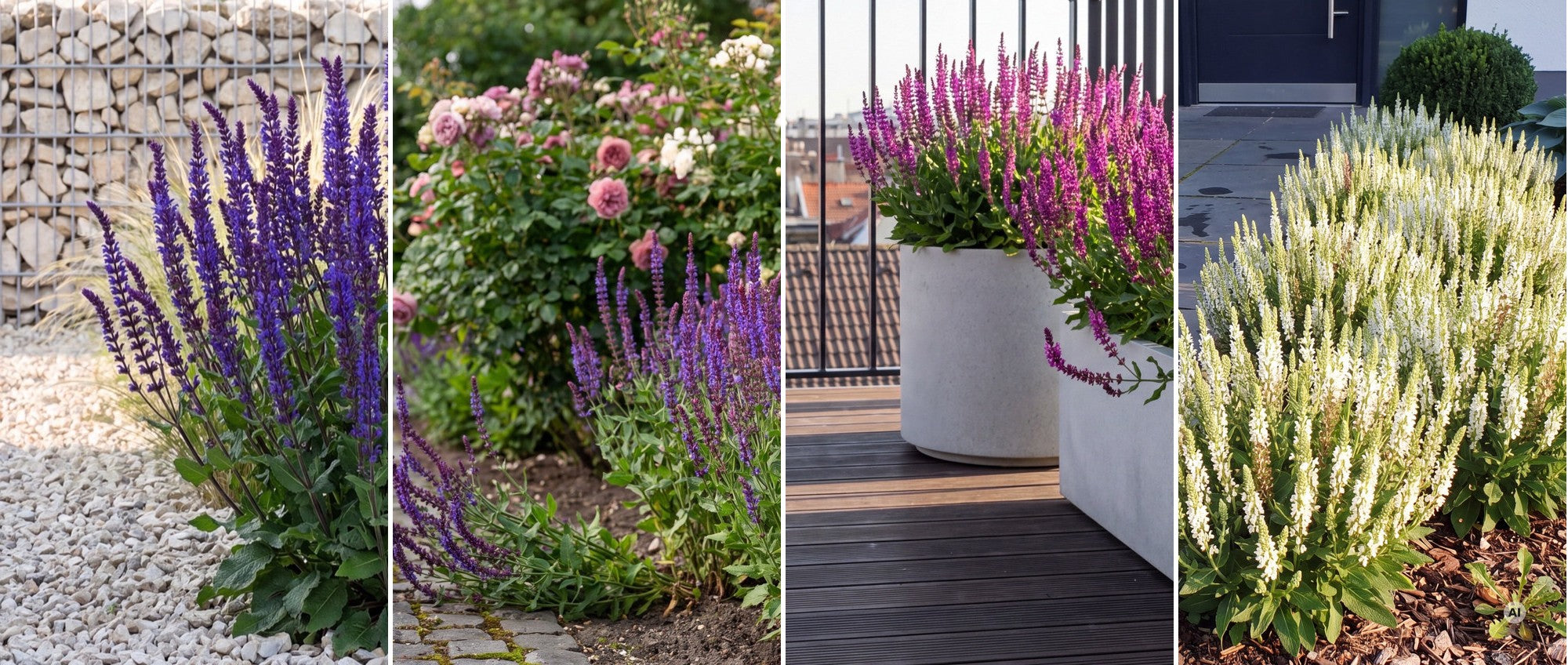 Steppensalbei in Tiefviolett, Violettblau, Purpurrosa und Weiß an vier Gartenplätzen