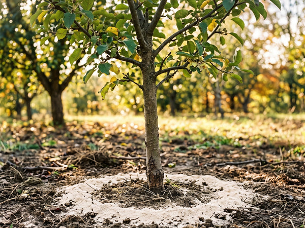 Algenkalk-Pulver auf der Baumscheibe eines jungen Obstbaums