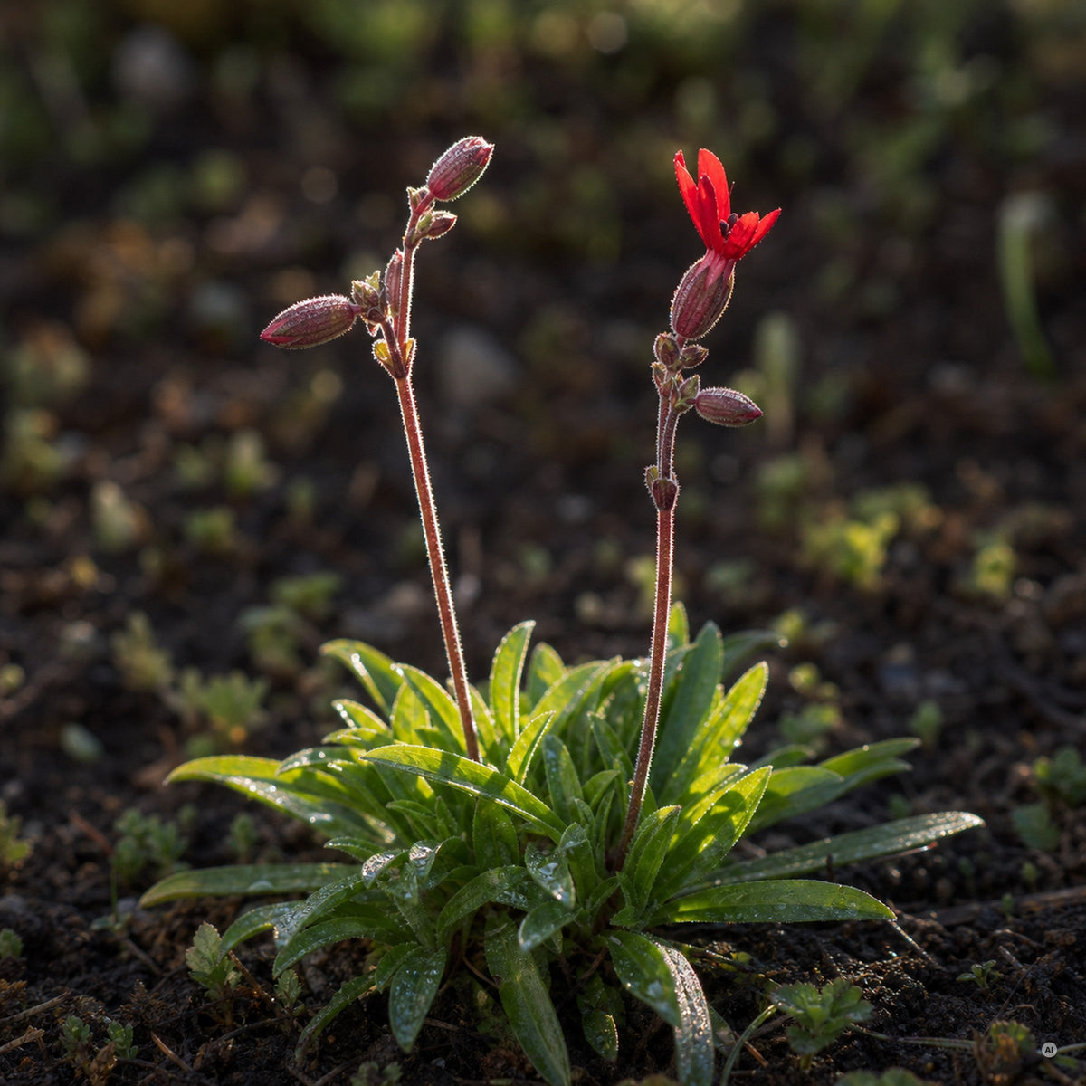 Grundrosette und Knospen der Silene virginica ‚Burning Heart' Feuernelke mit Morgentau im Frühjahr, von Stauden Gänge.