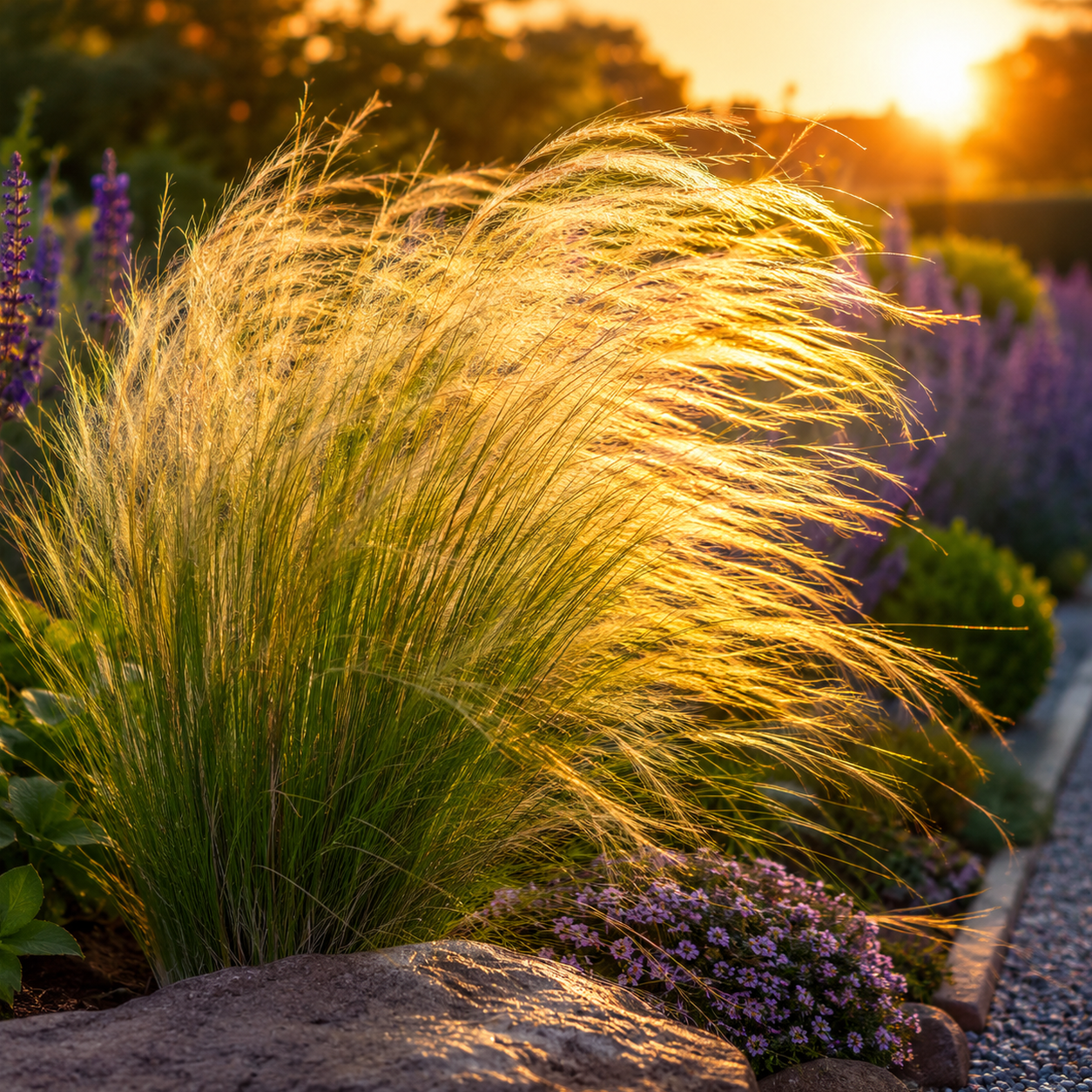 Ziergras Stipa tenuissima 'Pony Tails' von Stauden Gänge mit filigranen, langen Federwedeln im Gegenlicht der Abendsonne.