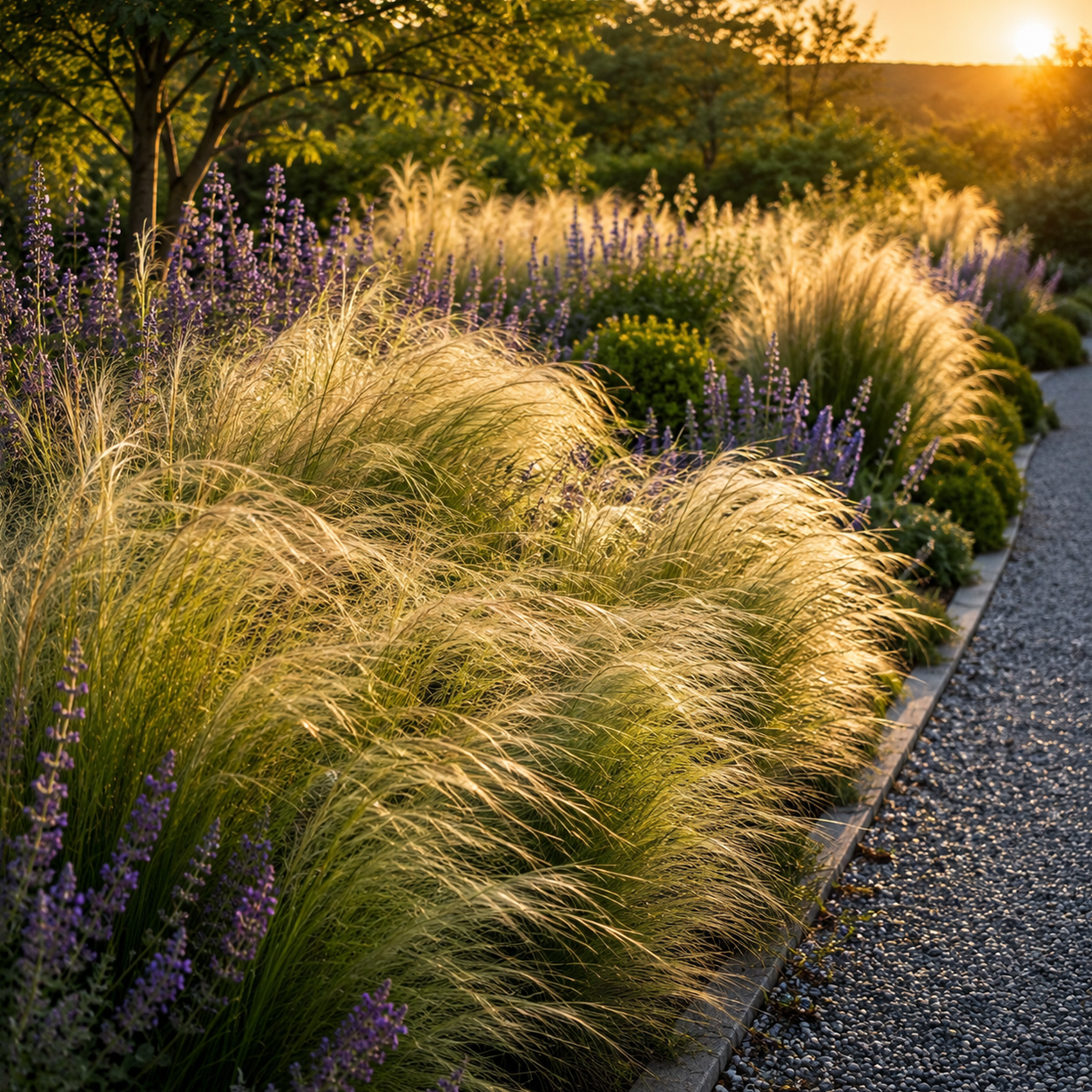 Feines Stipa tenuissima 'Pony Tails' Ziergras von Stauden Gänge als Beeteinfassung am Kiesweg, mit Lavendel kombiniert.