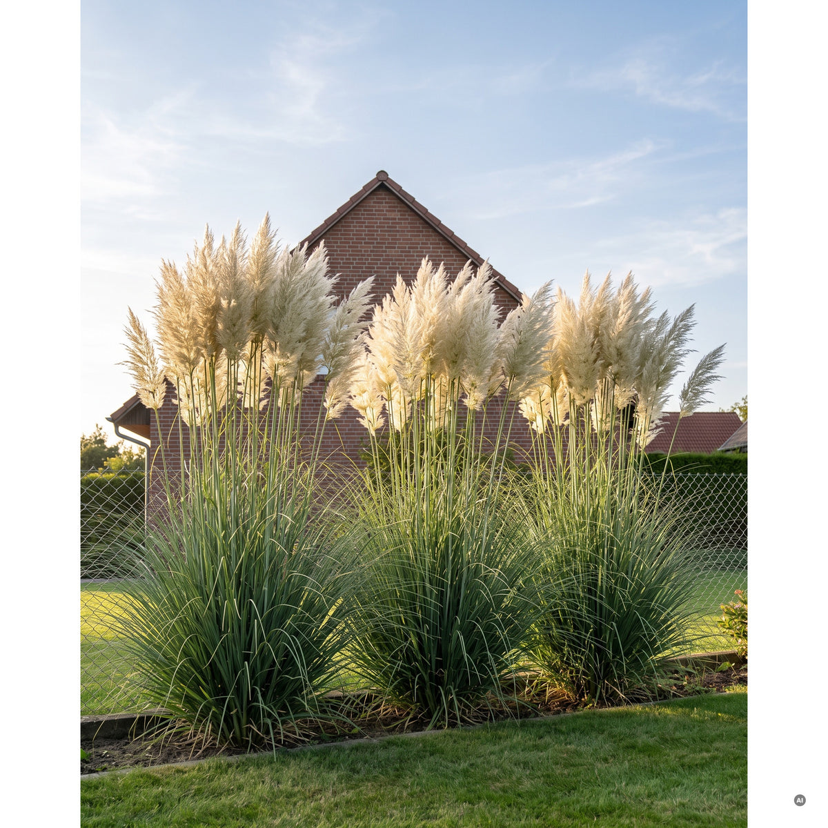 Drei Cortaderia selloana 'Sunningdale Silver' in Reihe an einer Grundstücksgrenze, Silbernes Pampasgras als Sichtschutz von Sommer bis Winter