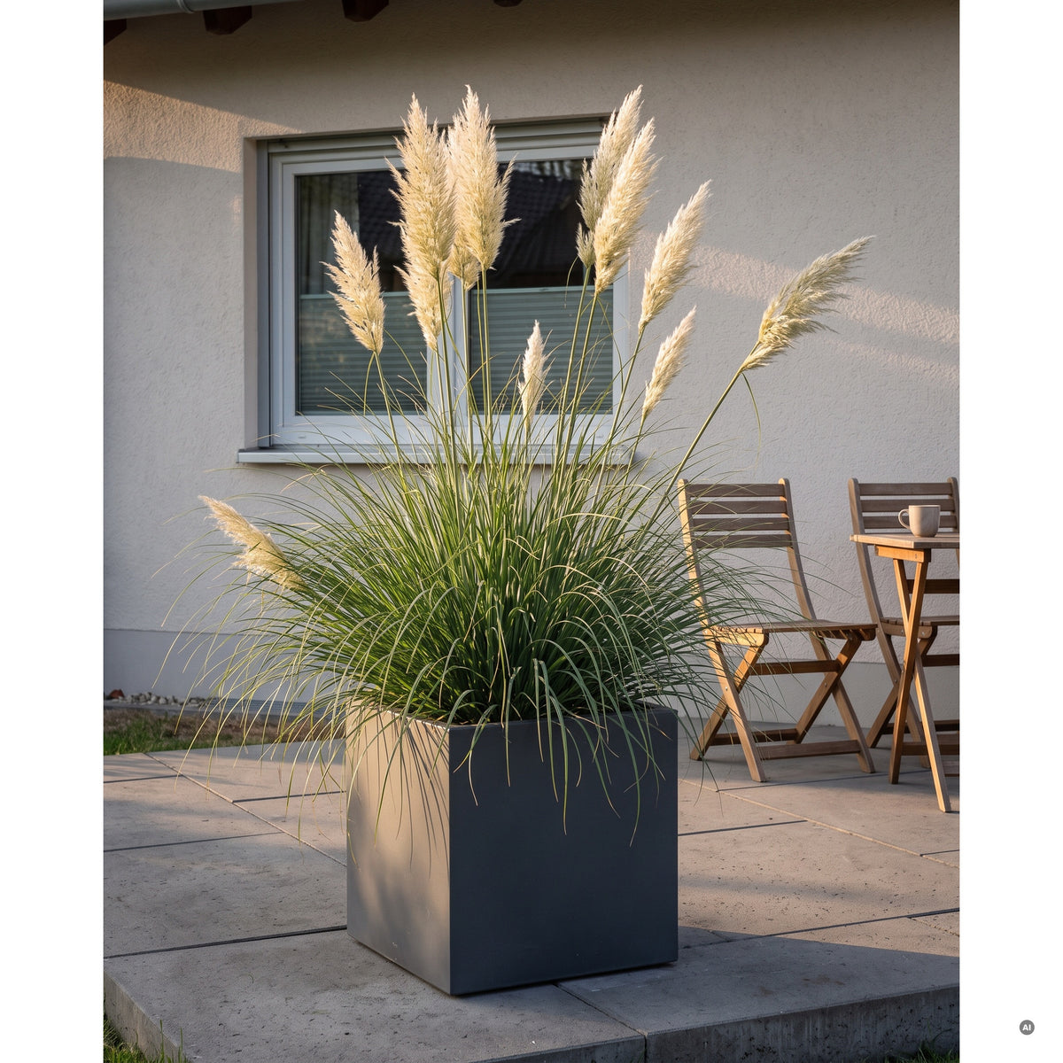 Silbernes Pampasgras 'Sunningdale Silver' im großen eckigen Kübel auf einer Terrasse, Gartenstühle als Größenvergleich
