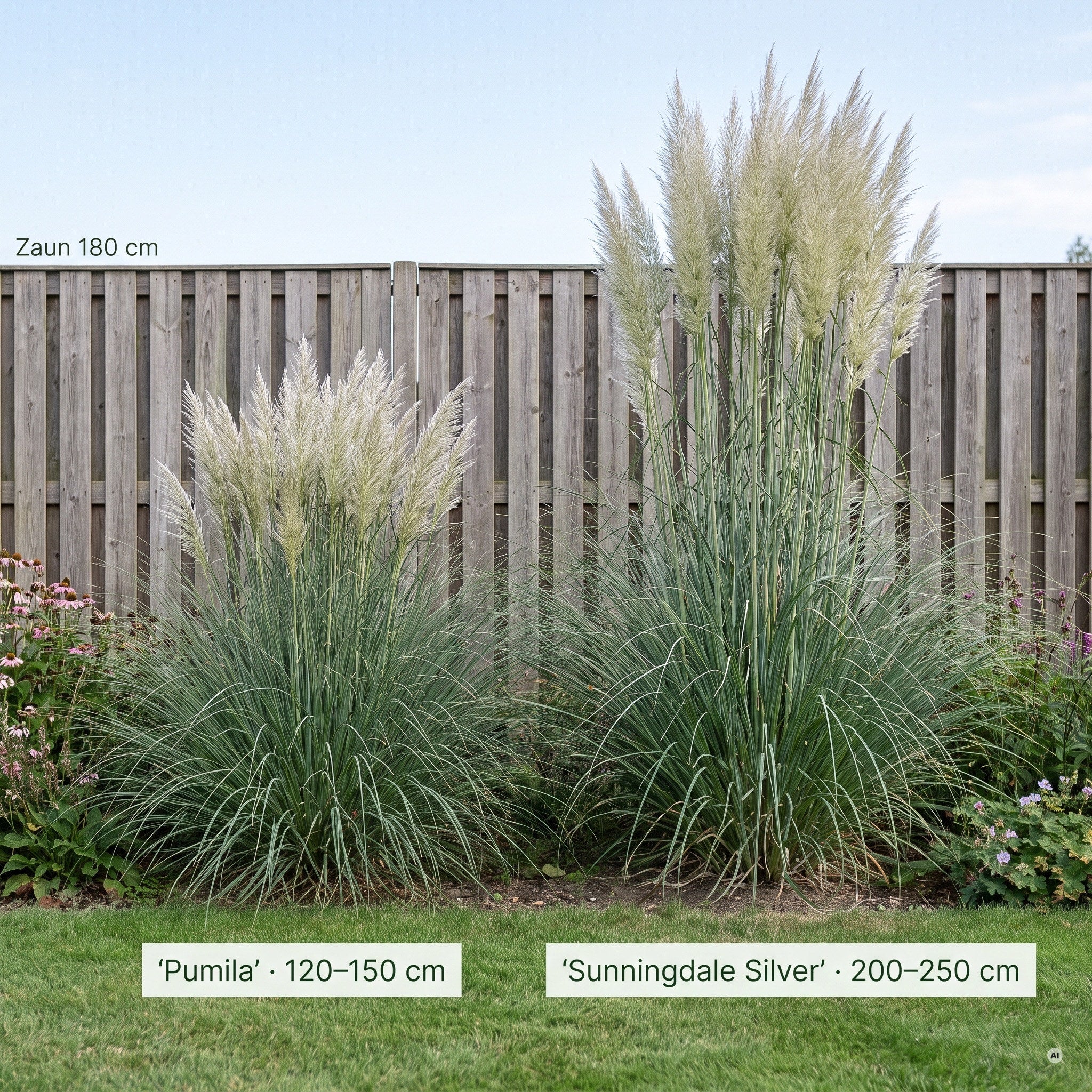 Gr&ouml;&szlig;envergleich am 80 cm hohen Zaun: 'Sunningdale Silver', 'Pumila', 'Evita' und 'Tiny Pampa'