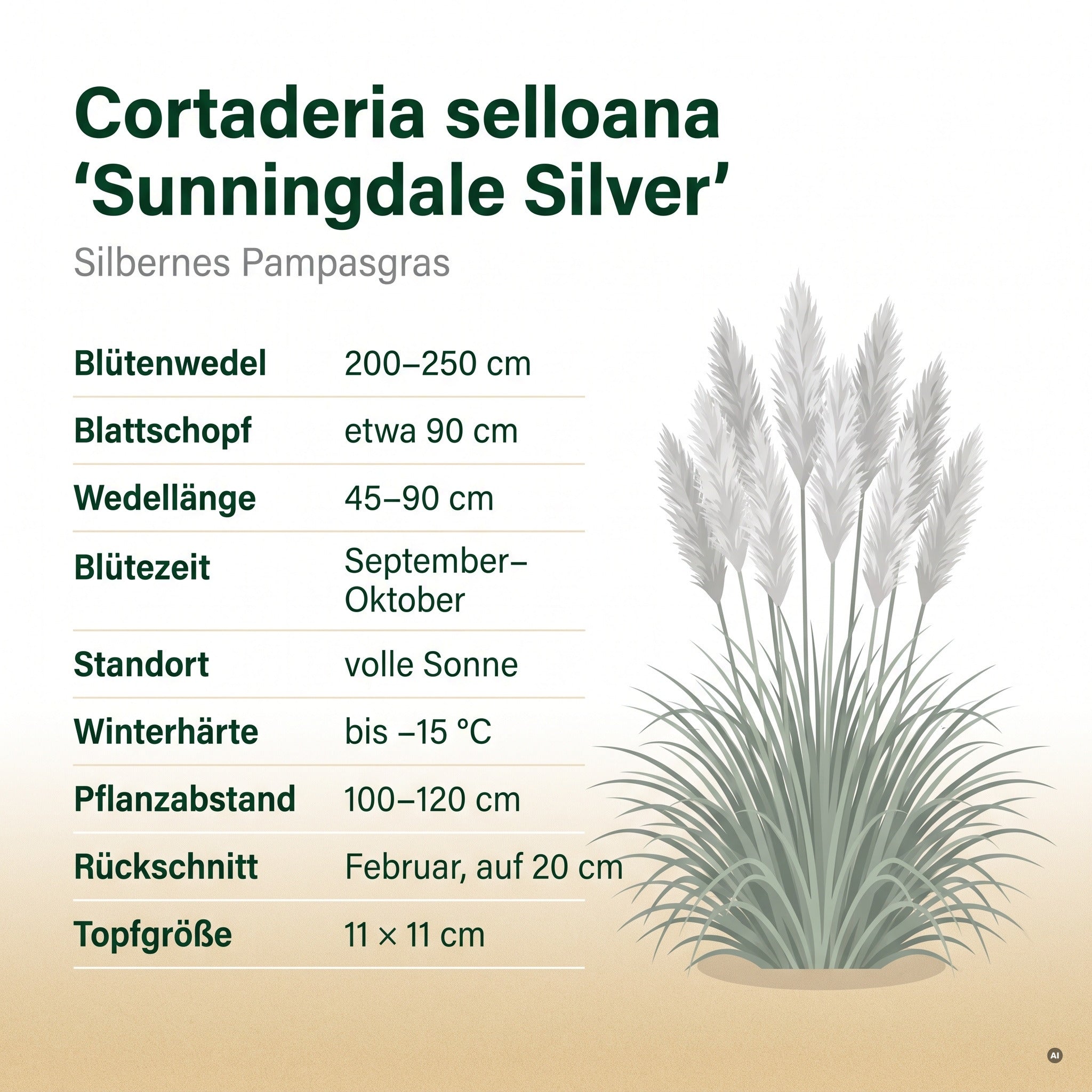 Steckbrief 'Sunningdale Silver': Wedel 45 bis 90 cm, H&ouml;he 200 bis 250 cm, Bl&uuml;te September bis Oktober, winterhart bis etwa minus 15 Grad