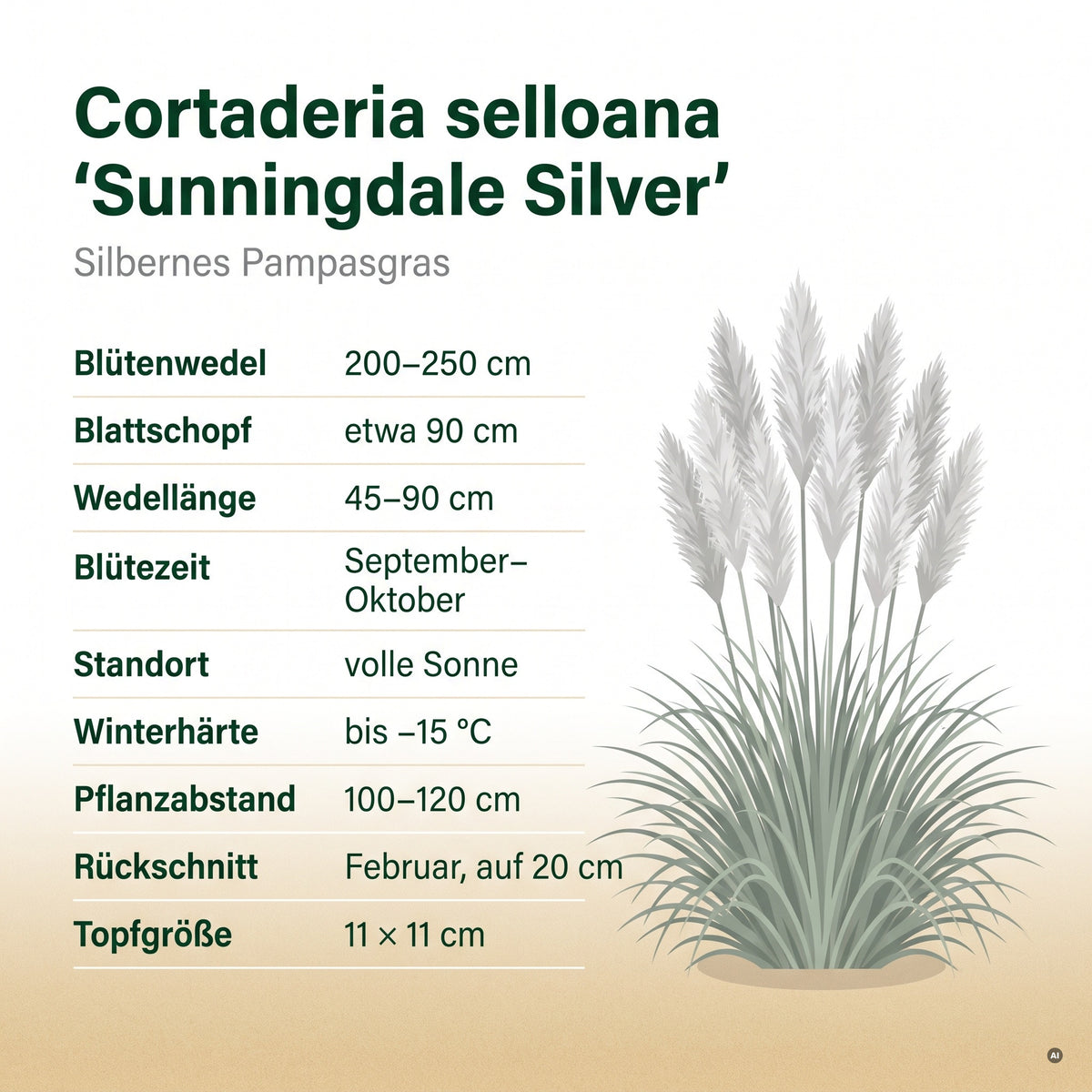 Steckbrief Cortaderia selloana 'Sunningdale Silver': Blütenwedel 200 bis 250 cm, Wedellänge 45 bis 90 cm, Blütezeit September bis Oktober, winterhart bis minus 15 Grad