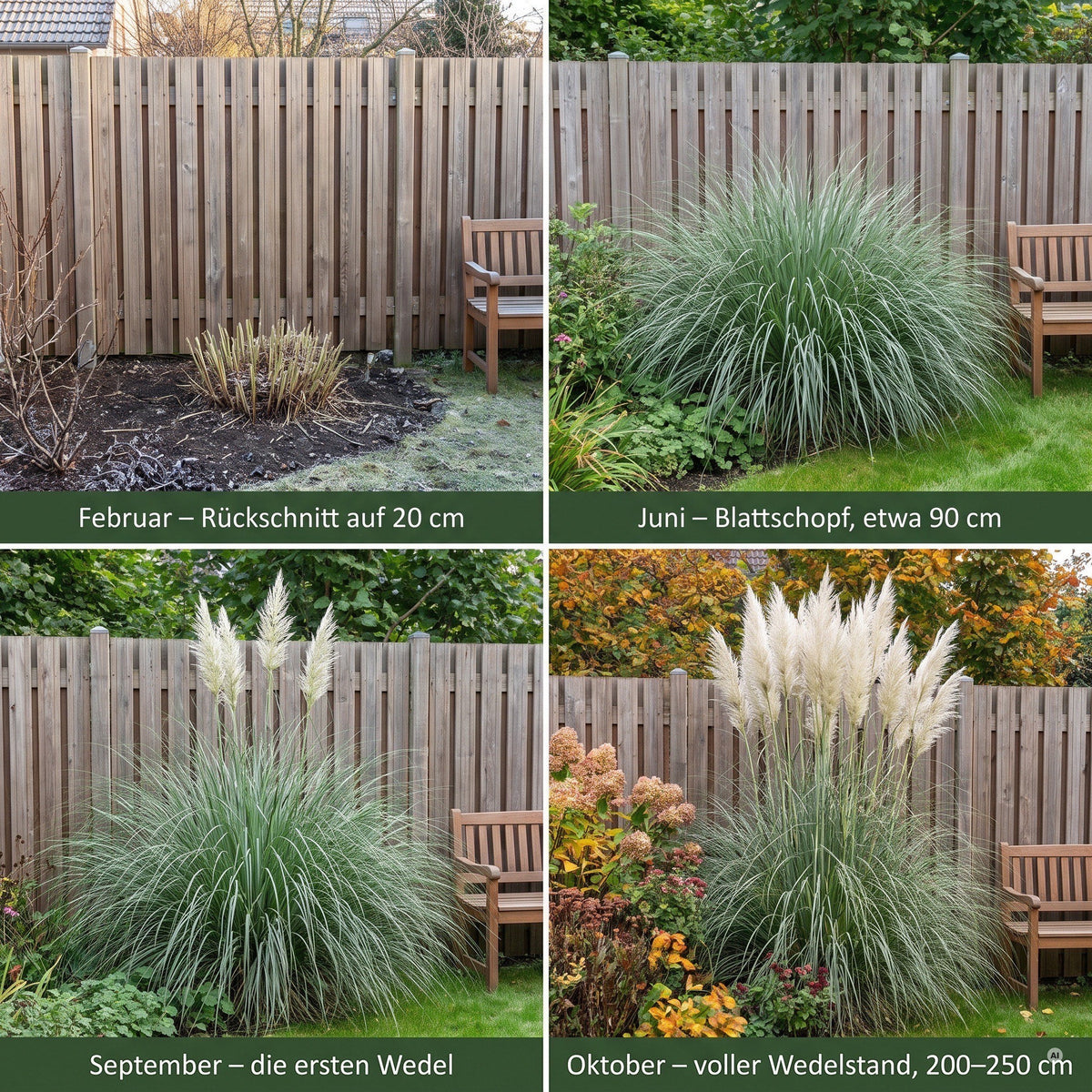 Jahresverlauf von Cortaderia selloana 'Sunningdale Silver': Rückschnitt im Februar, Blattschopf im Juni, erste Wedel im September, voller Wedelstand im Oktober