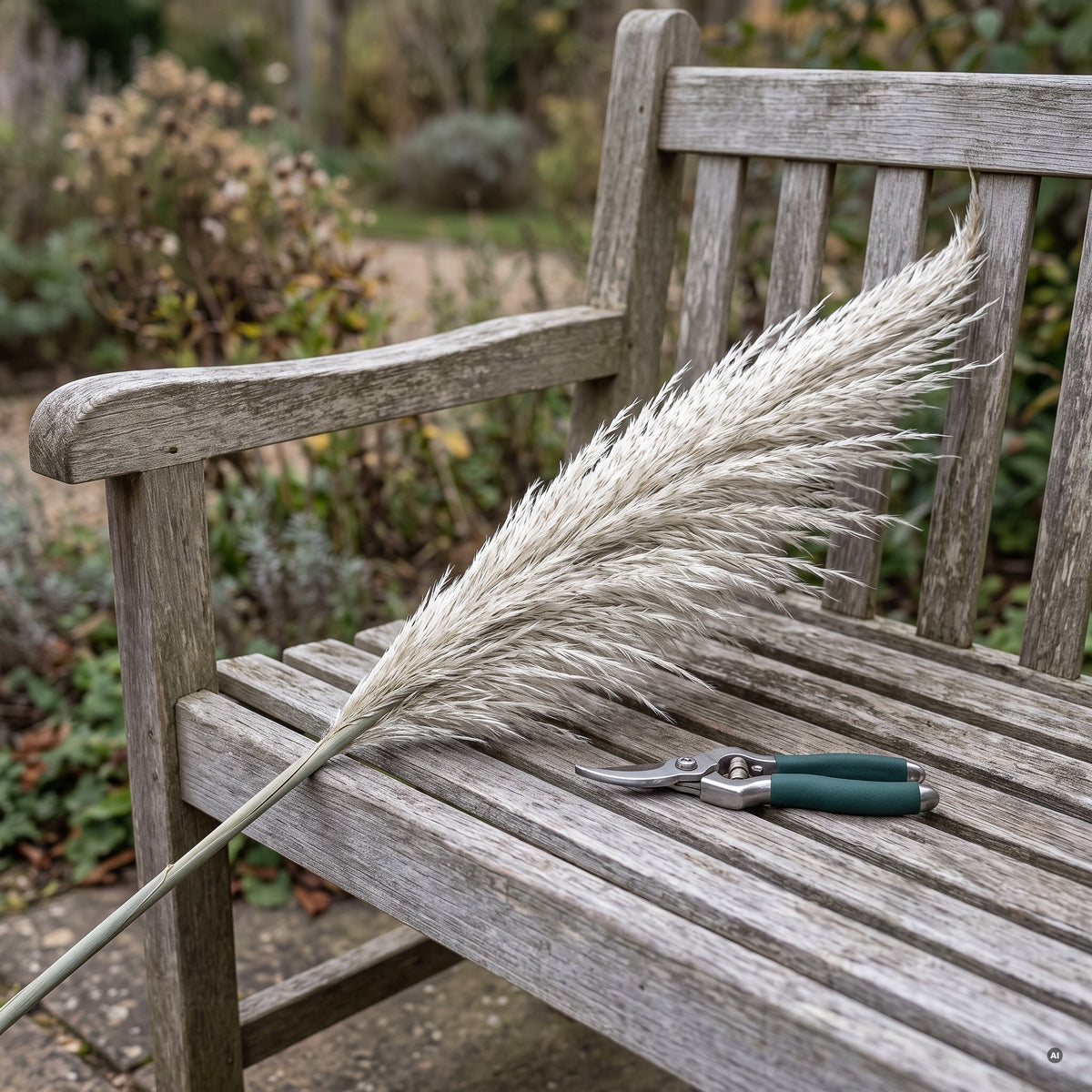 Einzelner Blütenwedel von Cortaderia selloana 'Sunningdale Silver' in ganzer Länge auf einer Gartenbank, 45 bis 90 cm lang