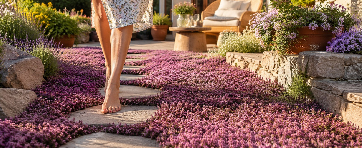 Begehbarer Teppich-Thymian 'Red Carpet' blüht purpurrot zwischen Trittsteinen am Sitzplatz
