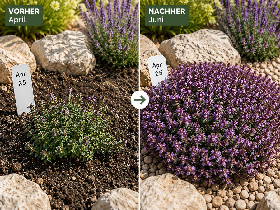 Teppich-Thymian 'Red Carpet' im April nach dem Pflanzen und im Juni angewachsen