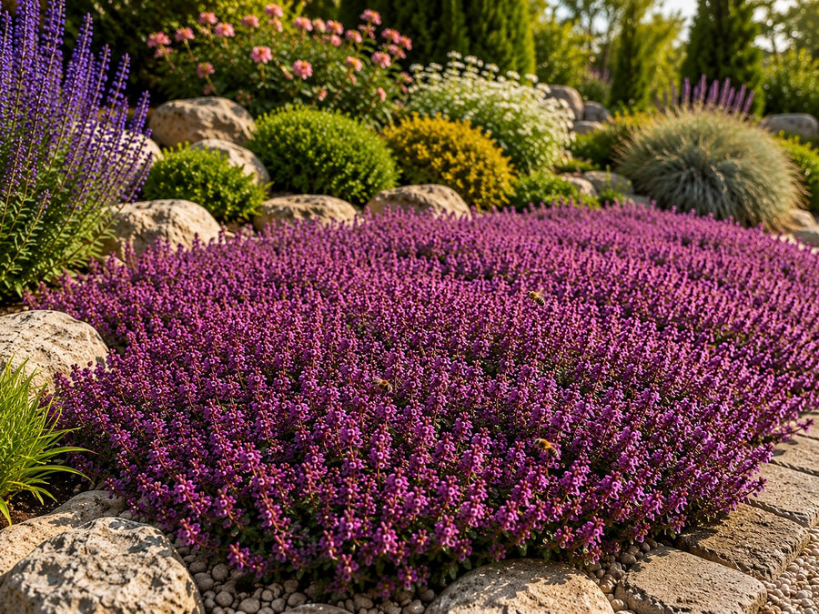Teppich-Thymian 'Red Carpet' in voller purpurroter Blüte im Juni