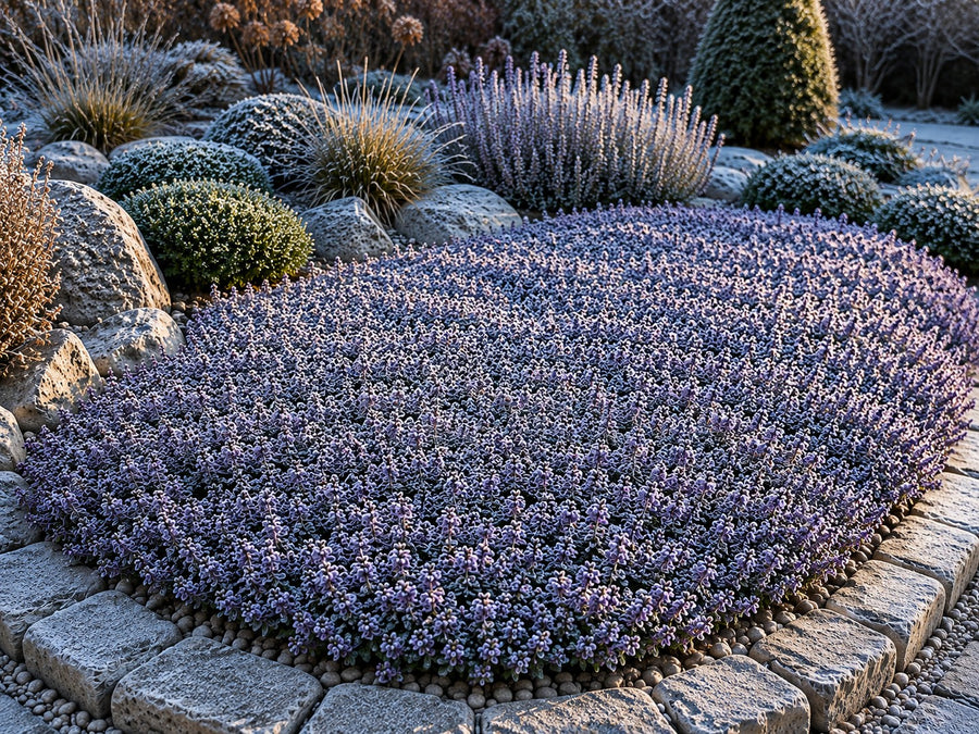 Teppich-Thymian 'Red Carpet' im Winter mit Raureif am Plattenweg