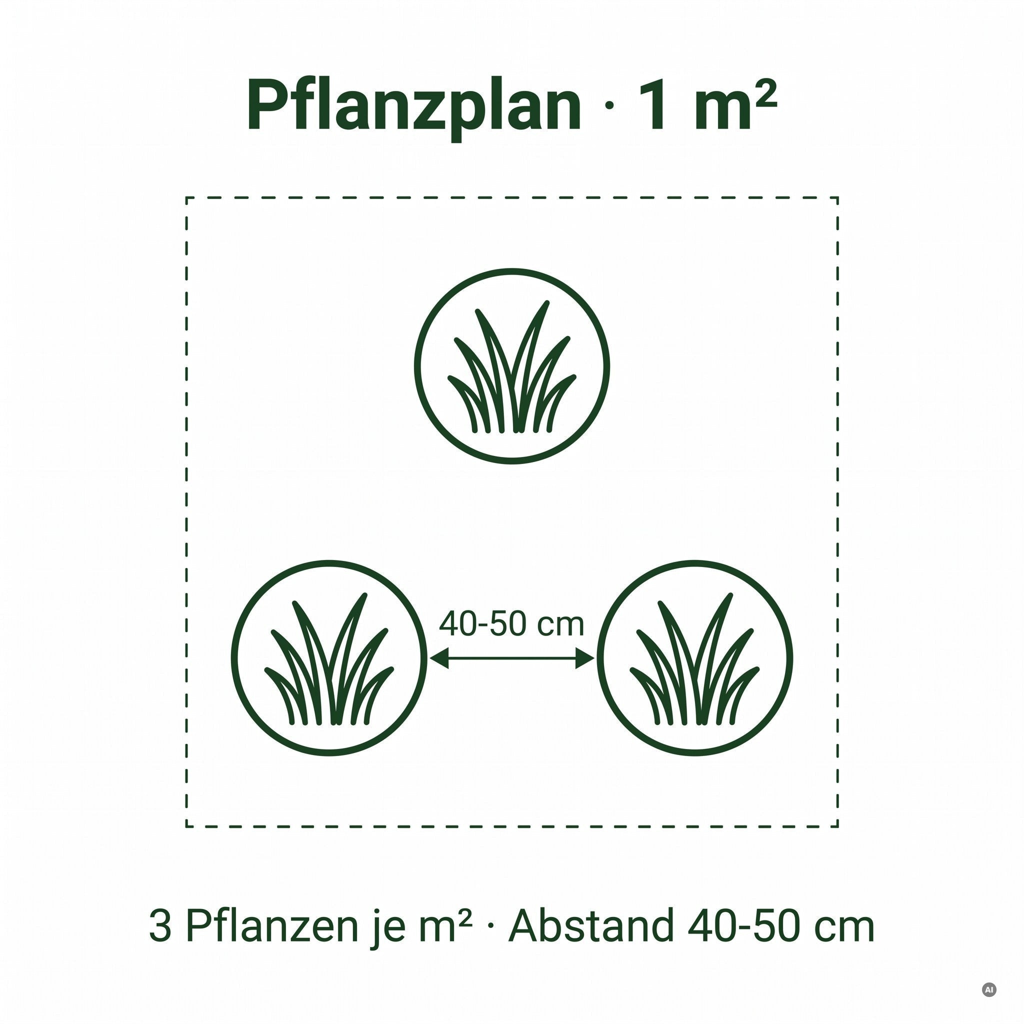 Pflanzplan: drei Pflanzen je Quadratmeter, Pflanzabstand 40 bis 50 cm
