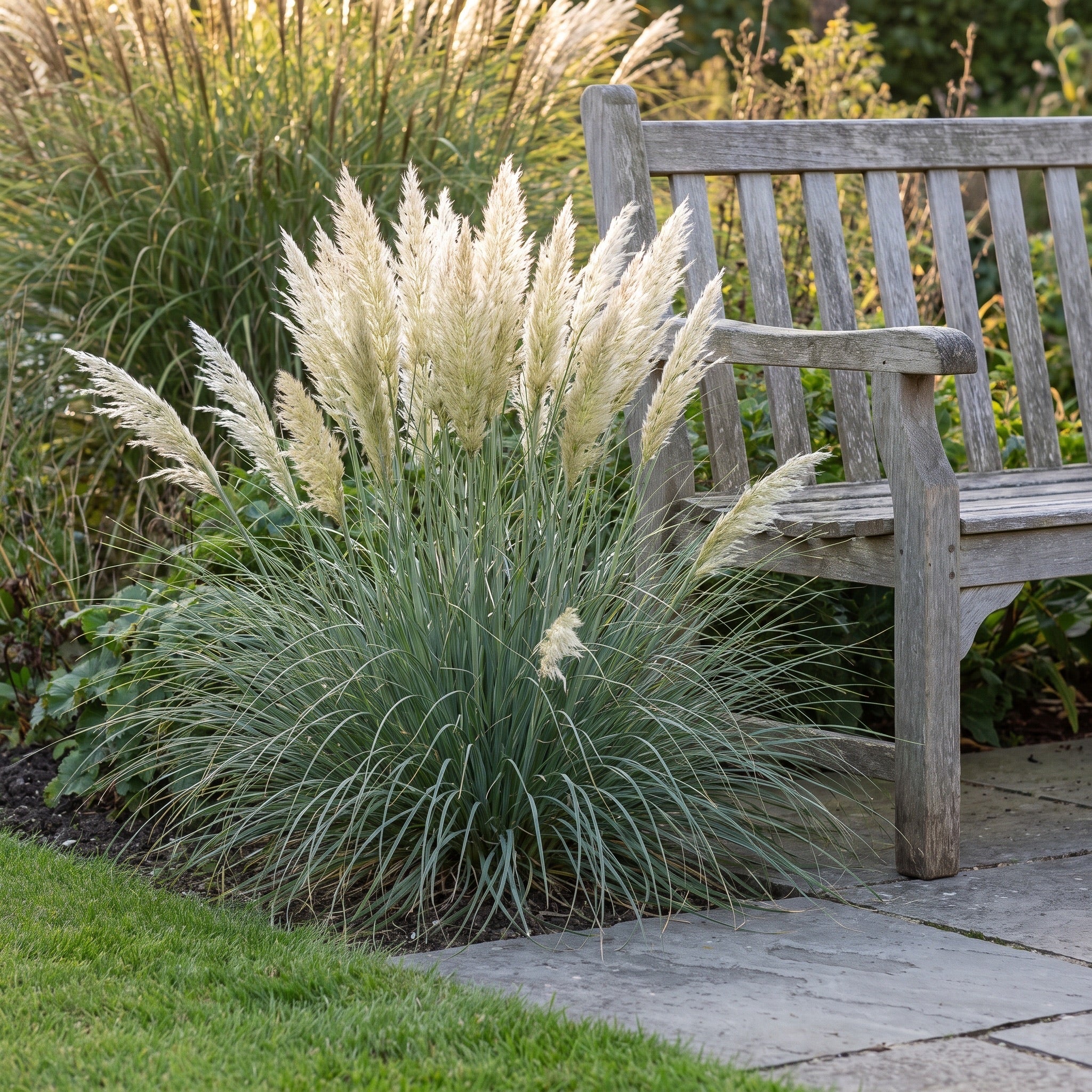 Cortaderia selloana 'Tiny Pampa' Zwerg-Pampasgras an einer Terrassenkante, cremeweiße Federwedel auf Höhe der Armlehne einer Gartenbank, Stauden Gänge.