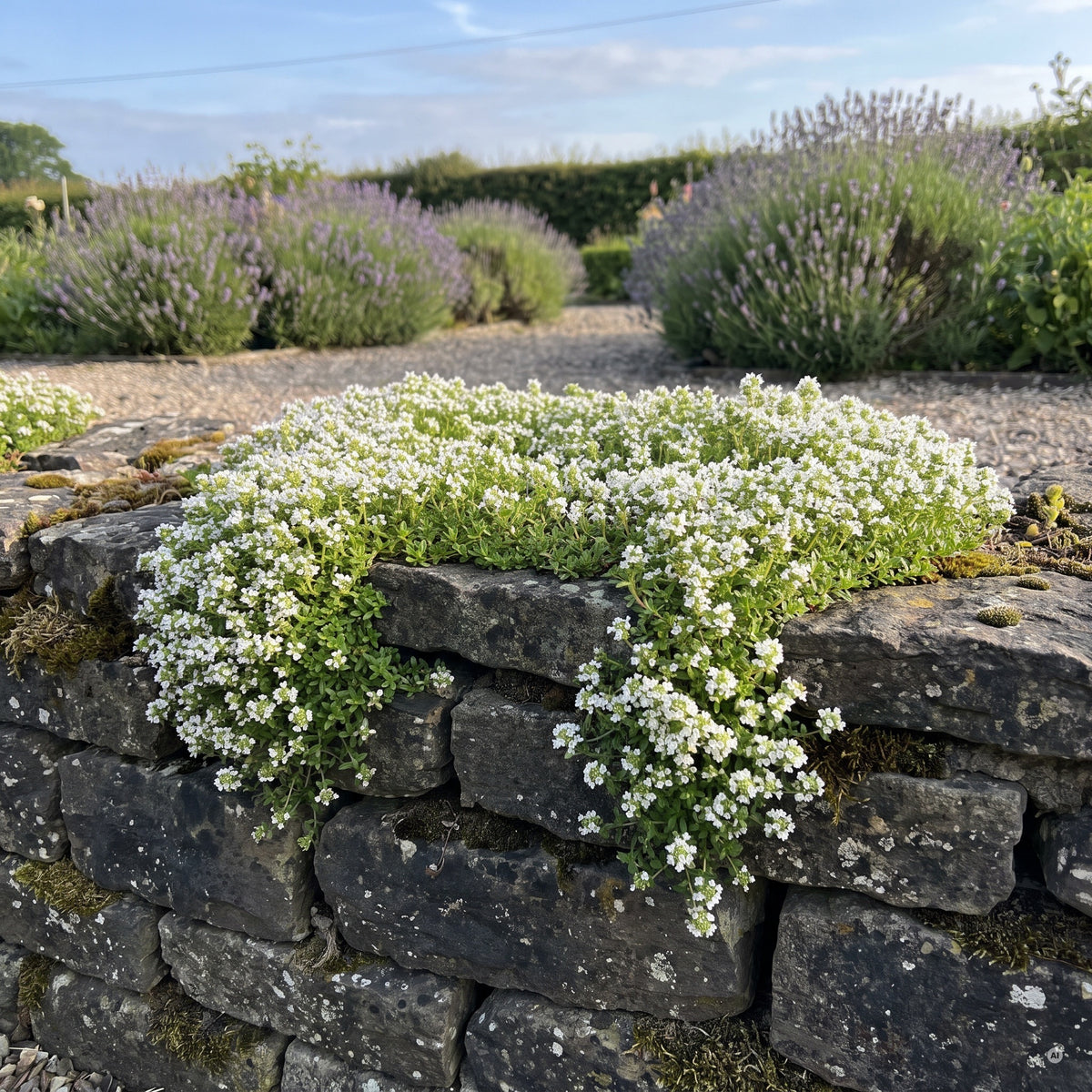 Thymus 'Wirral White' in Blüte auf der Krone einer Trockenmauer aus dunklem Bruchstein