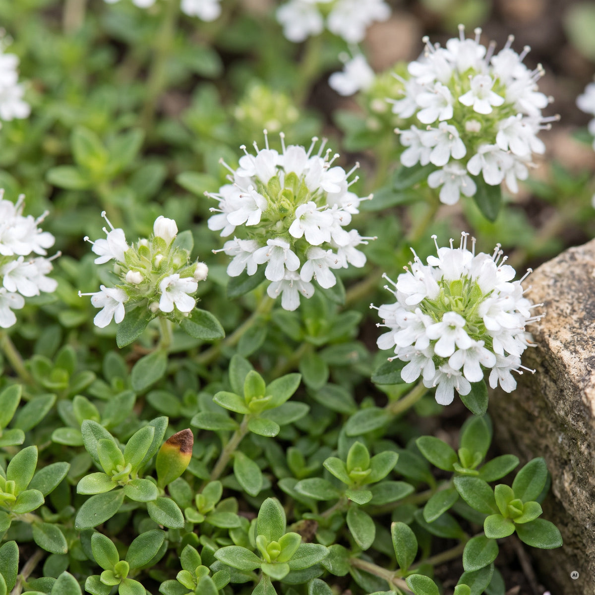 Nahaufnahme der reinweißen Blütenköpfchen und der winzigen grünen Blätter von Thymus 'Wirral White'