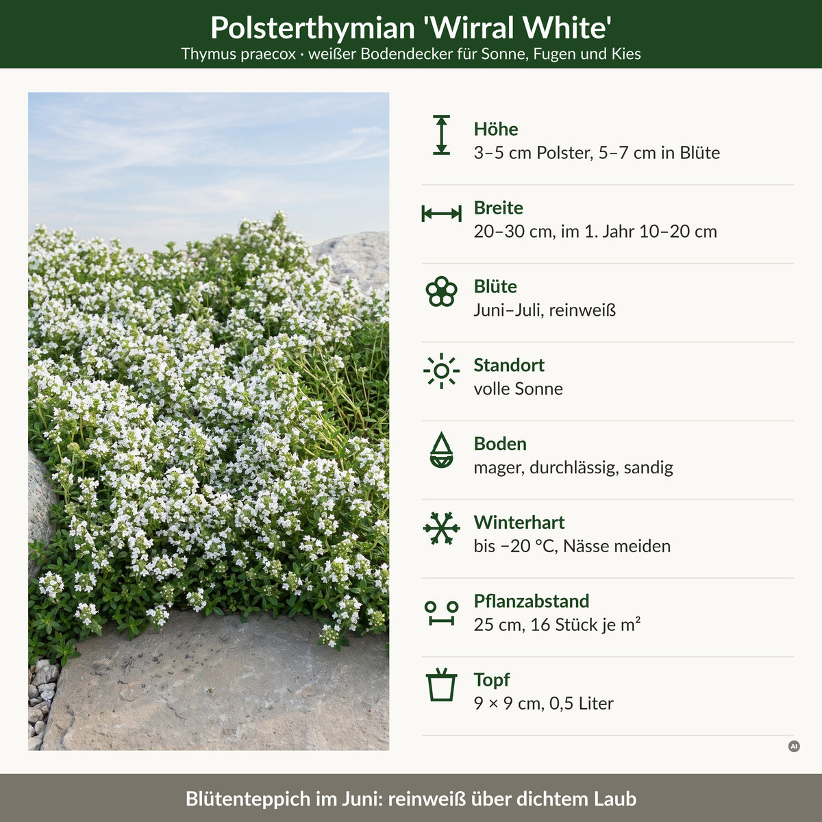 Steckbrief Polsterthymian 'Wirral White': Höhe, Breite, Blüte, Standort, Boden, Winterhärte, Pflanzabstand, Topf