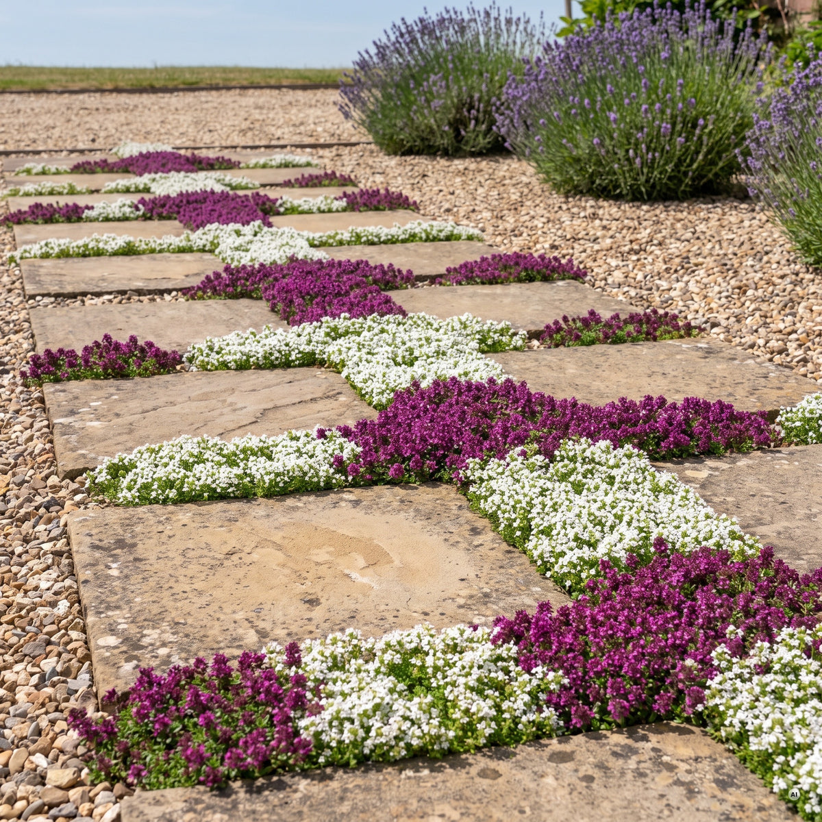 Trittsteinweg mit weiß blühendem 'Wirral White' und purpurrot blühendem 'Red Carpet' im Wechsel