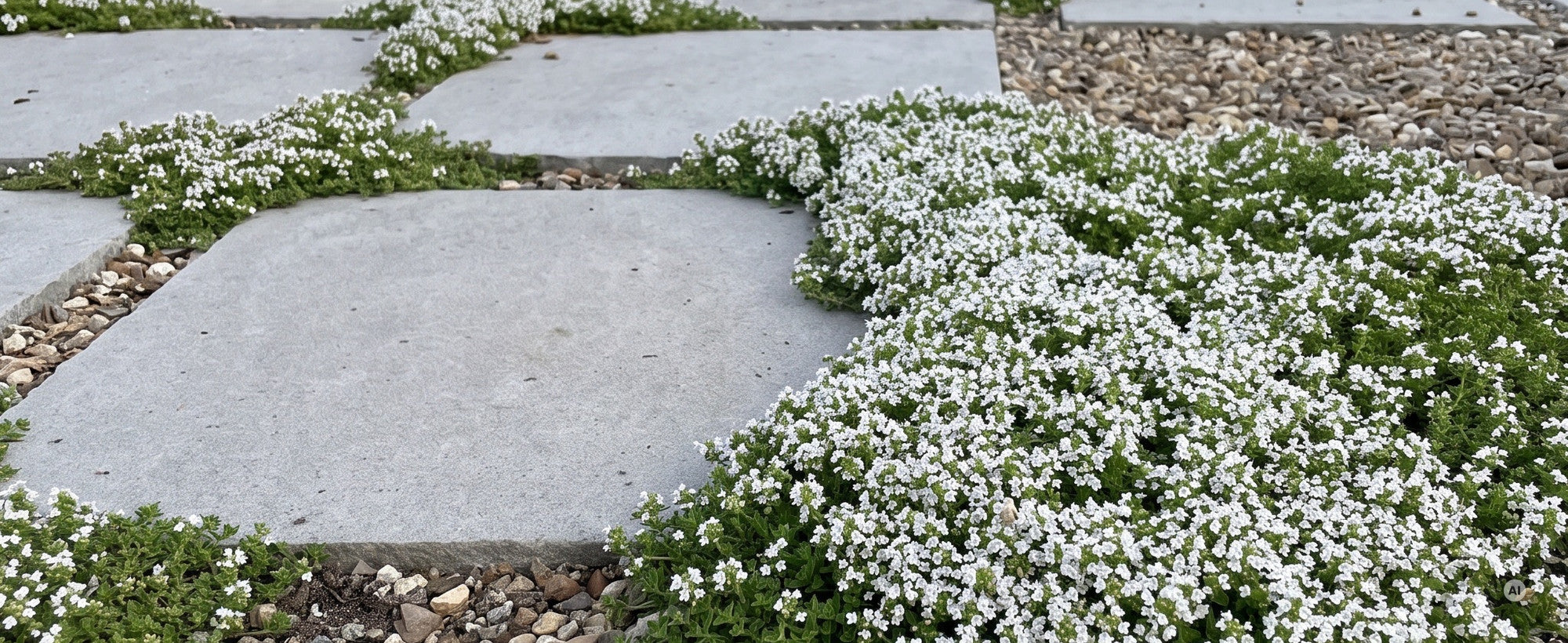 Weißer Polsterthymian Thymus praecox 'Wirral White' blüht im Juni reinweiß in den Fugen eines sonnigen Natursteinwegs