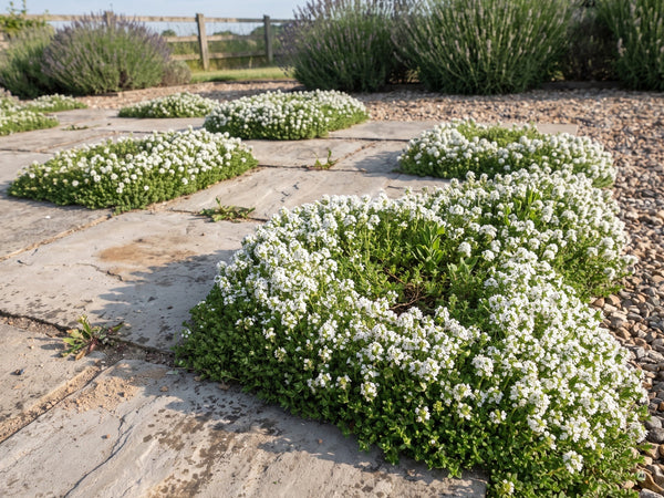 Weißer Polsterthymian Thymus praecox 'Wirral White' in den Fugen eines Natursteinwegs