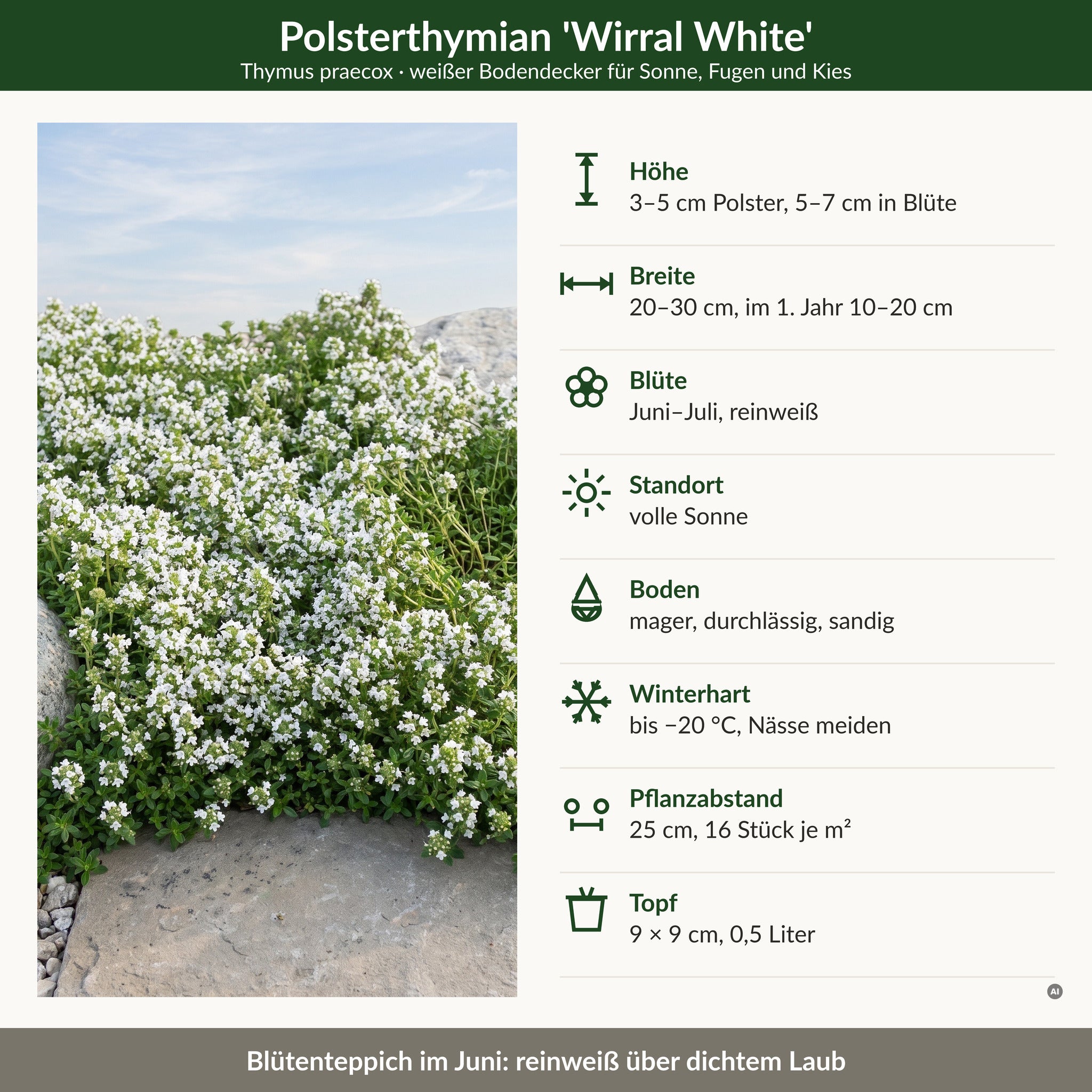 Steckbrief Weißer Polsterthymian 'Wirral White': Polster 3–5 cm, mit Blüten 5–7 cm, 20–30 cm breit, Blüte Juni–Juli reinweiß, volle Sonne, winterhart bis −20 °C, 9 × 9 cm Topf
