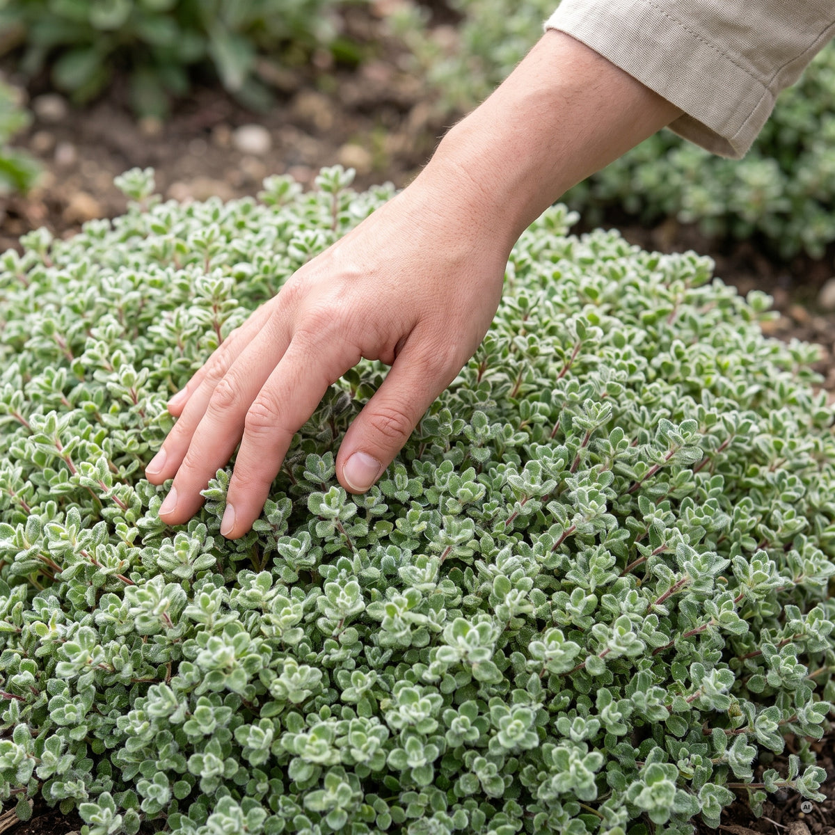 Eine Hand streicht über das filzig behaarte, weiche Laub von Thymus praecox 'Pseudolanuginosus'